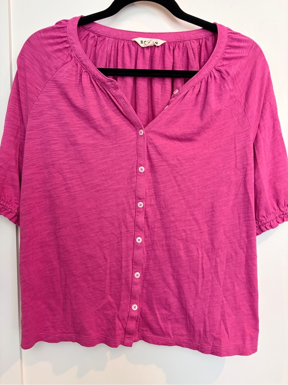 Boden Pink Cotton Modal Henley Puff Sleeve Top US 12 UK 16